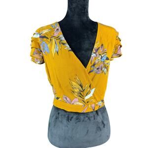 Jane Plus One Cropped Banded Deep V Neck Tank in Floral Mustard, Size M